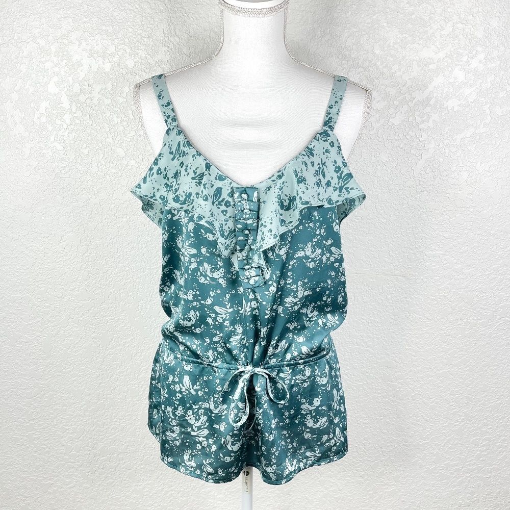 Lauren Conrad Green Two-Toned Floral Elastic Ruffle Button Peplum Sleeveless Top